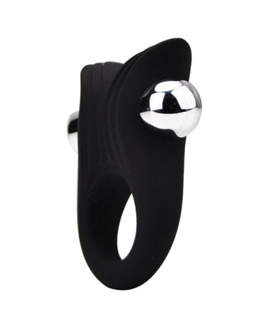 a black ring with a silver ball on it